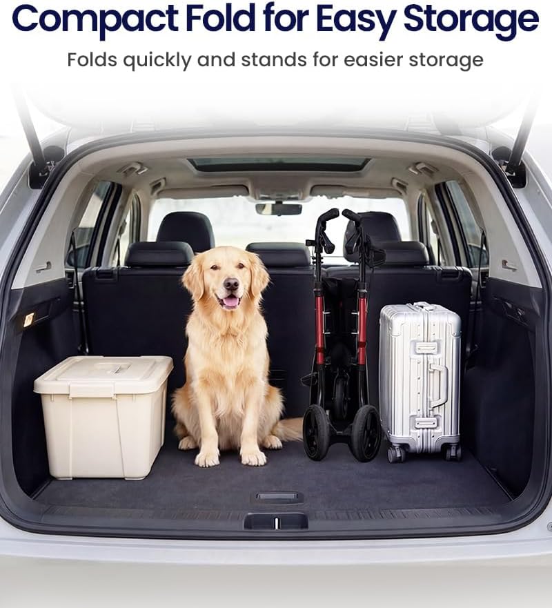 VOCIC Z25 Pro rollator folded compactly in the trunk of a car next to a dog and luggage, demonstrating easy storage