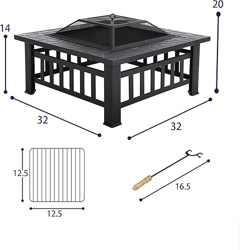 Miniatura 4 de Fogata de leña para exteriores de 32 pulgadas, hoguera cuadrada de metal para exteriores, mesa multifuncional con tapa de malla y póker para