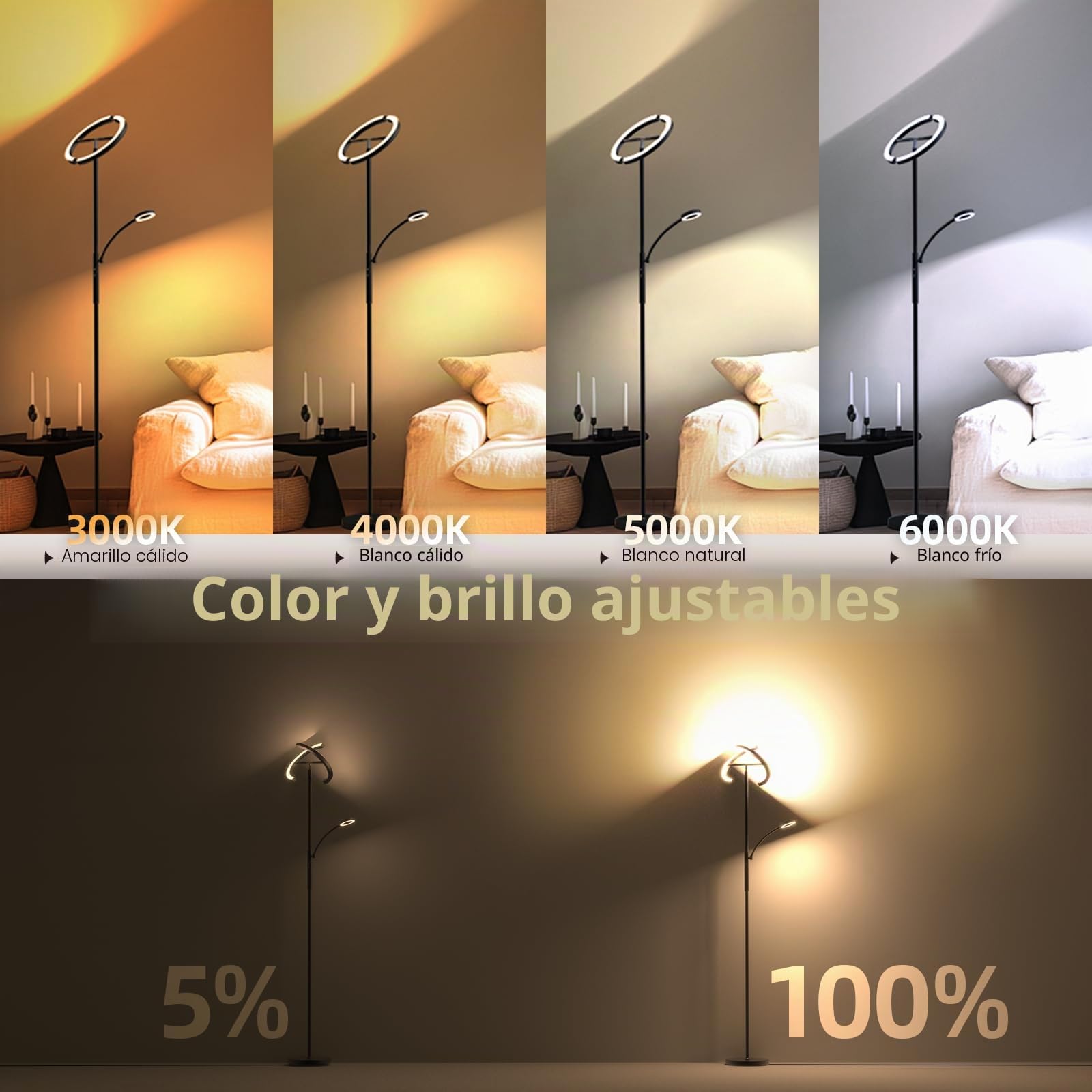 FIMEI Lámpara de Pie 29w, con Control Remoto y Táctil, 3000K-6000K Temperatura de Color & Atenuación Continuas, Moderna Lámpara de Lectura para Sala de Estar, Dormitorio, Oficina