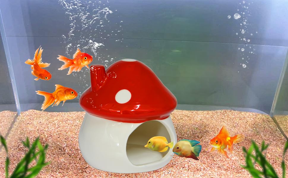 Image of AnRui Cute Mushroom Fish Tank Decoration Ceramic House Aquarium Accessories Hideout Cave Ornament for Small Fish, Shrimp, Goldfish and Reptiles, Red