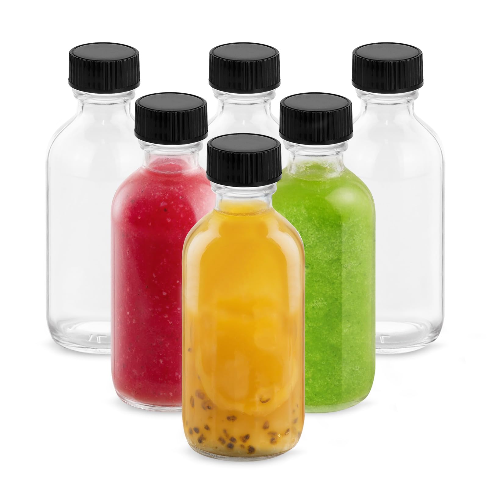 Rionisor 4OZ Small Glass Bottles with Lids and Funnels, 120ml Boston Round Glass Bottles, Leak Proof Mini Travel Bottle, Perfect for Diy Essential Oils, Hot Sauce and Juices, 6 Pack Clear