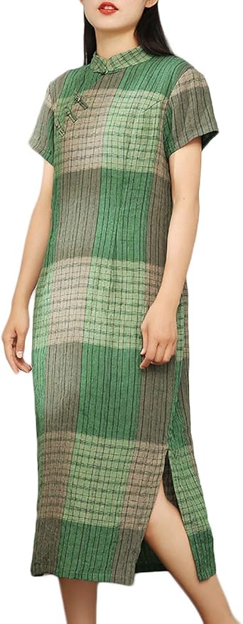 LZJN Womens Summer Short Sleeve Linen Qipao Slim Fit Plaid Plaid China Dress