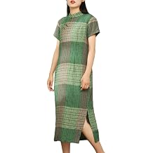 LZJN Women's Summer Short Sleeve Linen Qipao Slim Fit Plaid Plaid China Dress