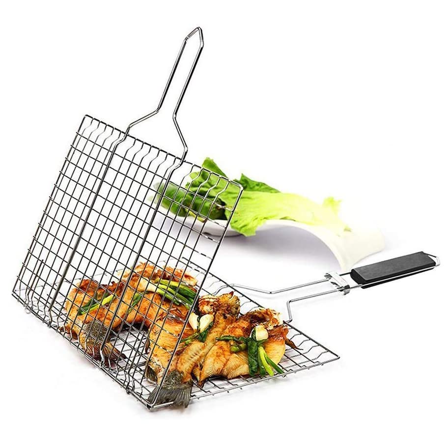 ServEzee Mild Steel Portable Barbecue BBQ Grill Net Basket Roast Grilling Tray Plated with Wooden Handle (50 x 35 x 2.5 cm)