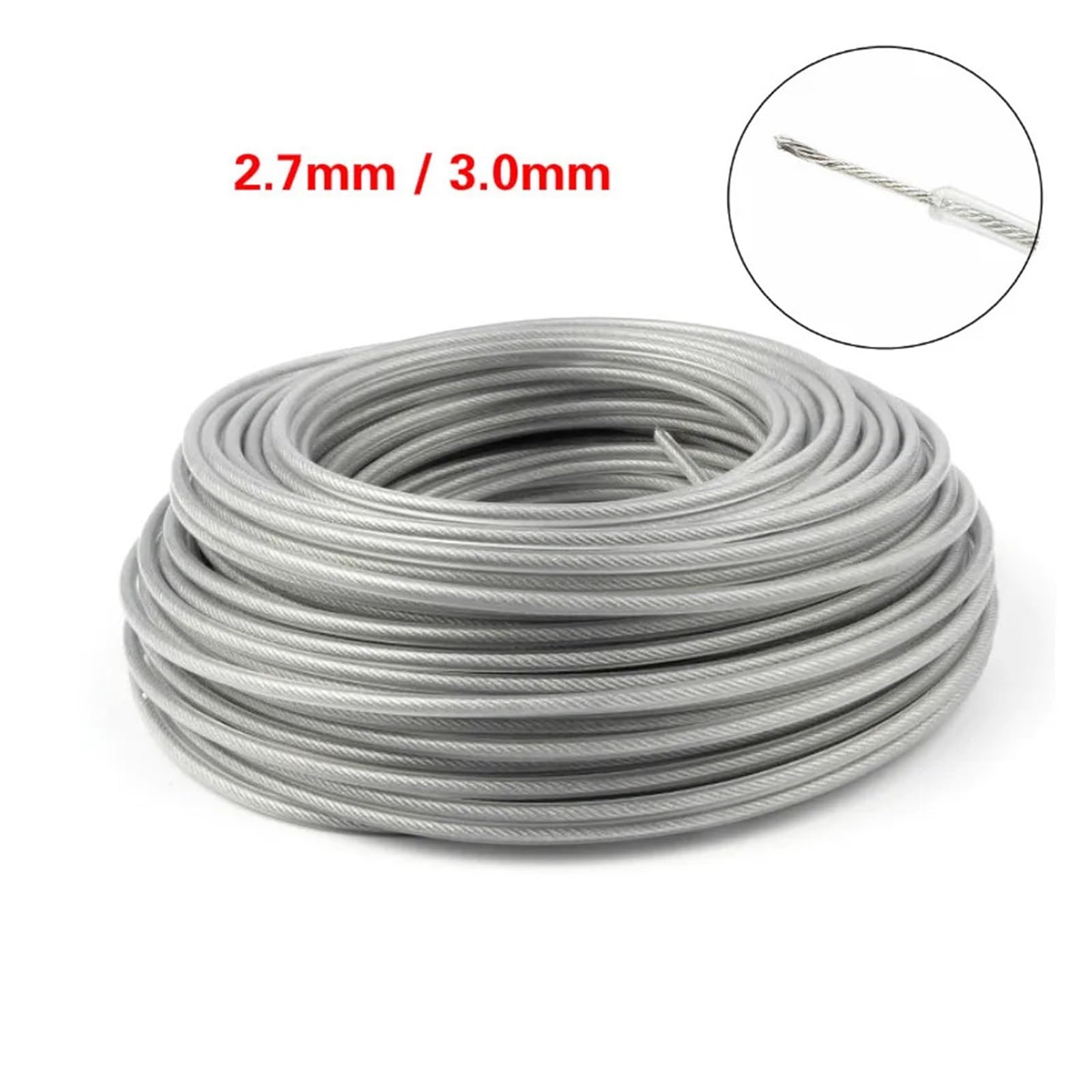 Filo decespugliatore Acciaio 3mm/2.7mm Corda Nylon Tonda | Per decespugliatori e tosaerba, grigio, 42 m o 50 m(2.7mm)