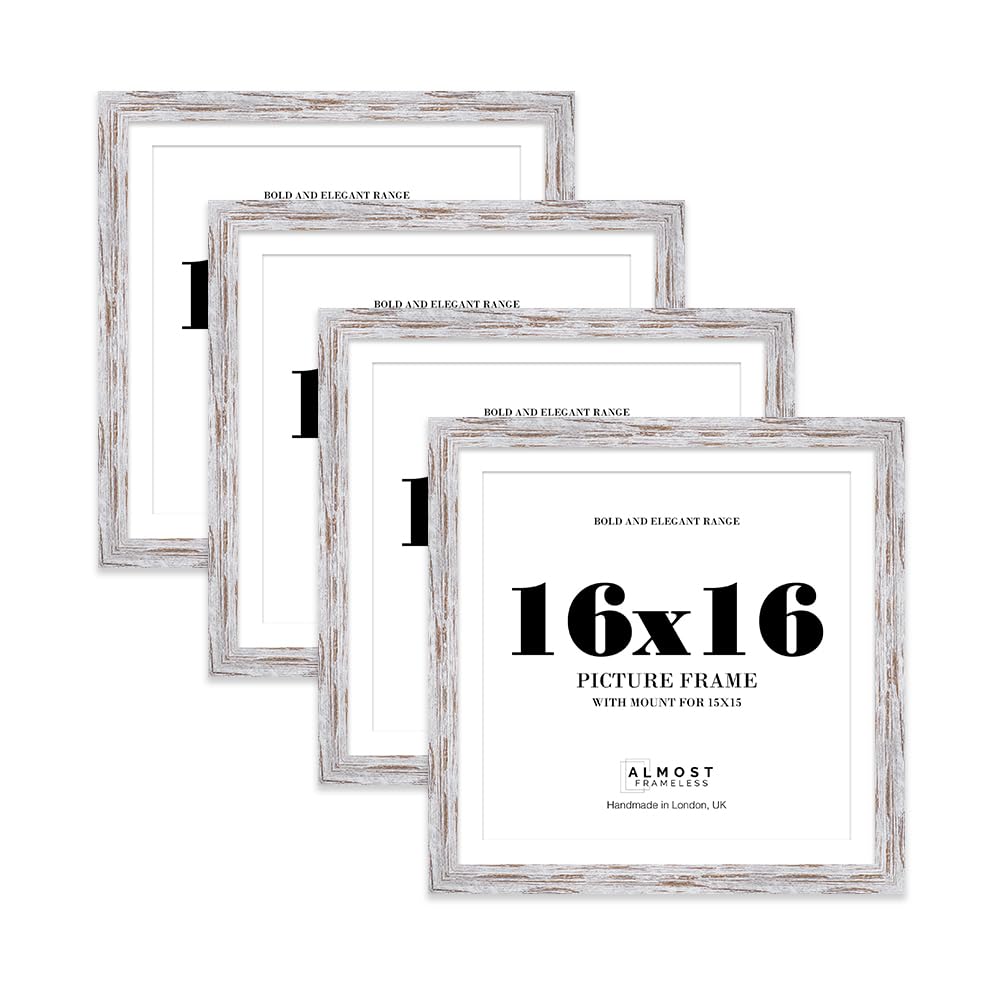 16x16" Distressed Wood Square Frame With Mount for 15x15" Pictures 28mm Edge Frame Display with Wall Hooks, 4 Pack