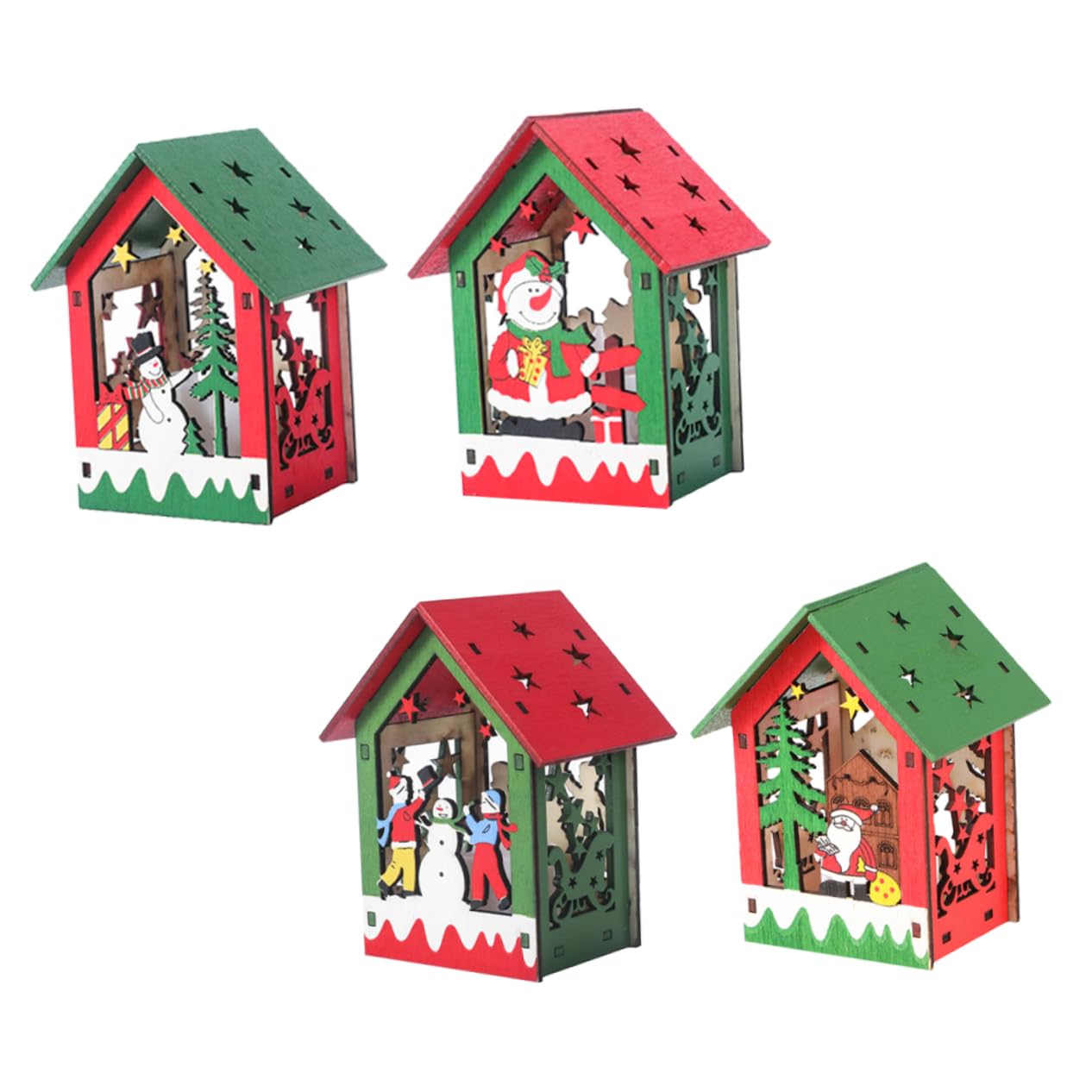 TOPBATHY 2 Set Luminous Xmas Wooden House Pendant Decorative DIY Christmas Tree Ornaments for Festive Home Decor 4 Pezzi * 2