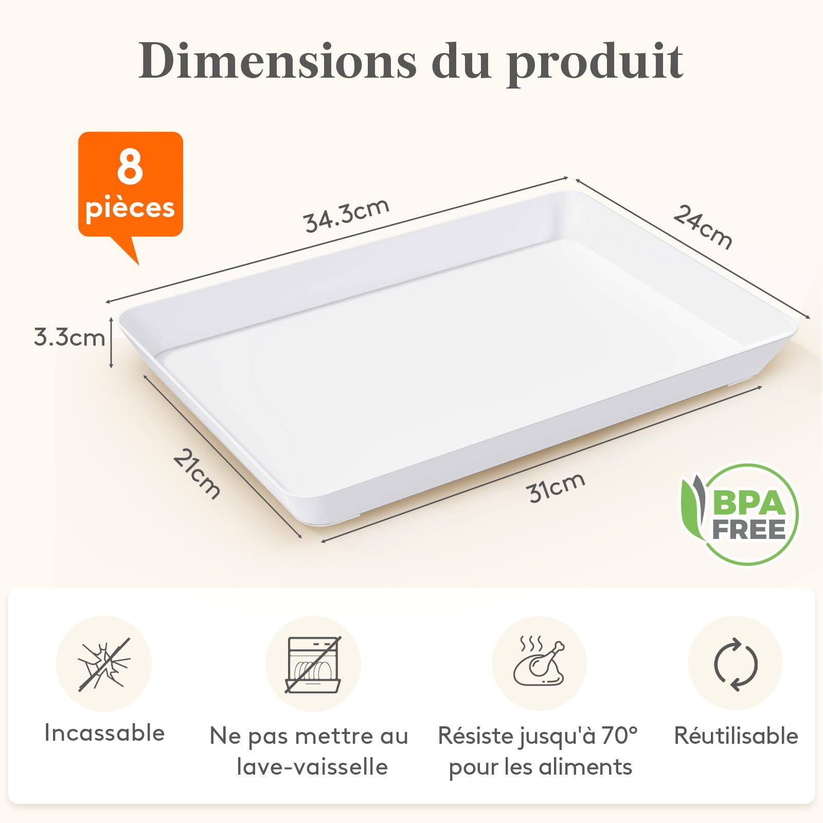 Lifewit Barquette Plastique pour Buffet Cuisine, Blanc Plateau de Service Decoration, Plateaux Reutilisable Rectangulaire sans BPA, Présentoirs à Gâteau, Charcuterie, Fruit, Lot de 8, 34.3x24cm