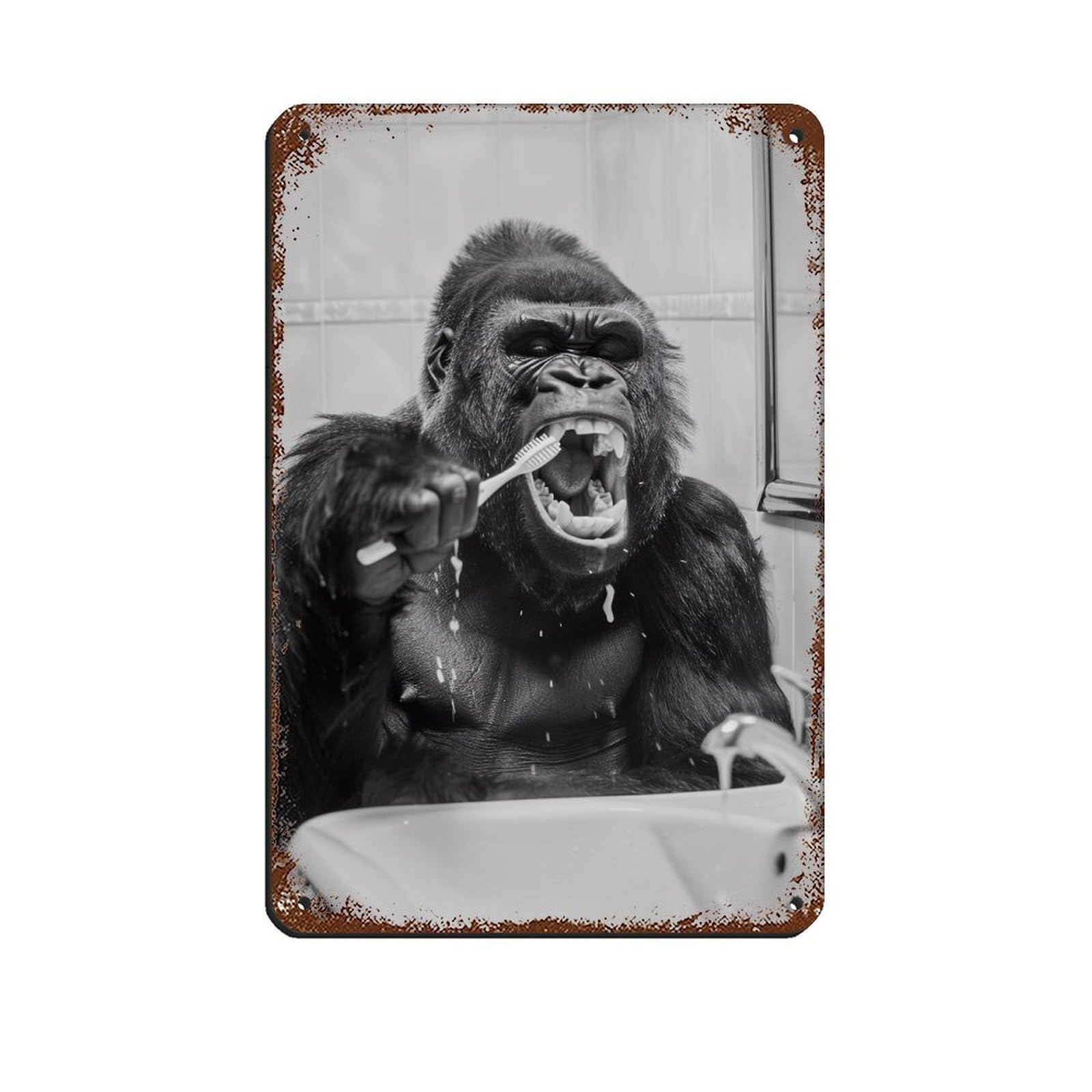 Gorilla Teeth Brushing Tin Sign Vintage Metal Pub Club Cafe Bar Home Wall Art Decoration Poster Retro 8x12inch(20x30cm)