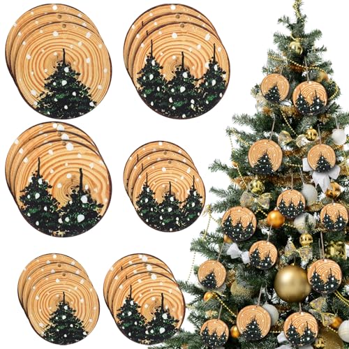 Soulchen 24 Pcs Christmas Wood Slices Ornaments Woodland Christmas Tree Hanging Decor Painted Pine Tree Ornaments for Woodland Forest Winter Xmas Holiday Party Home Decoration