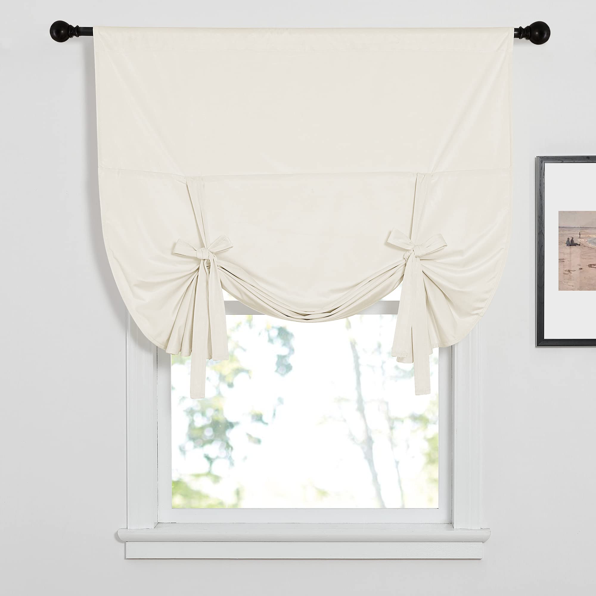 NICETOWN Tie Up Curtains for Bathroom, Velvet Room Darkening Window Treatment Valances Rod Pocket Short Curtains for Home Decor, 46" x 63", Cream