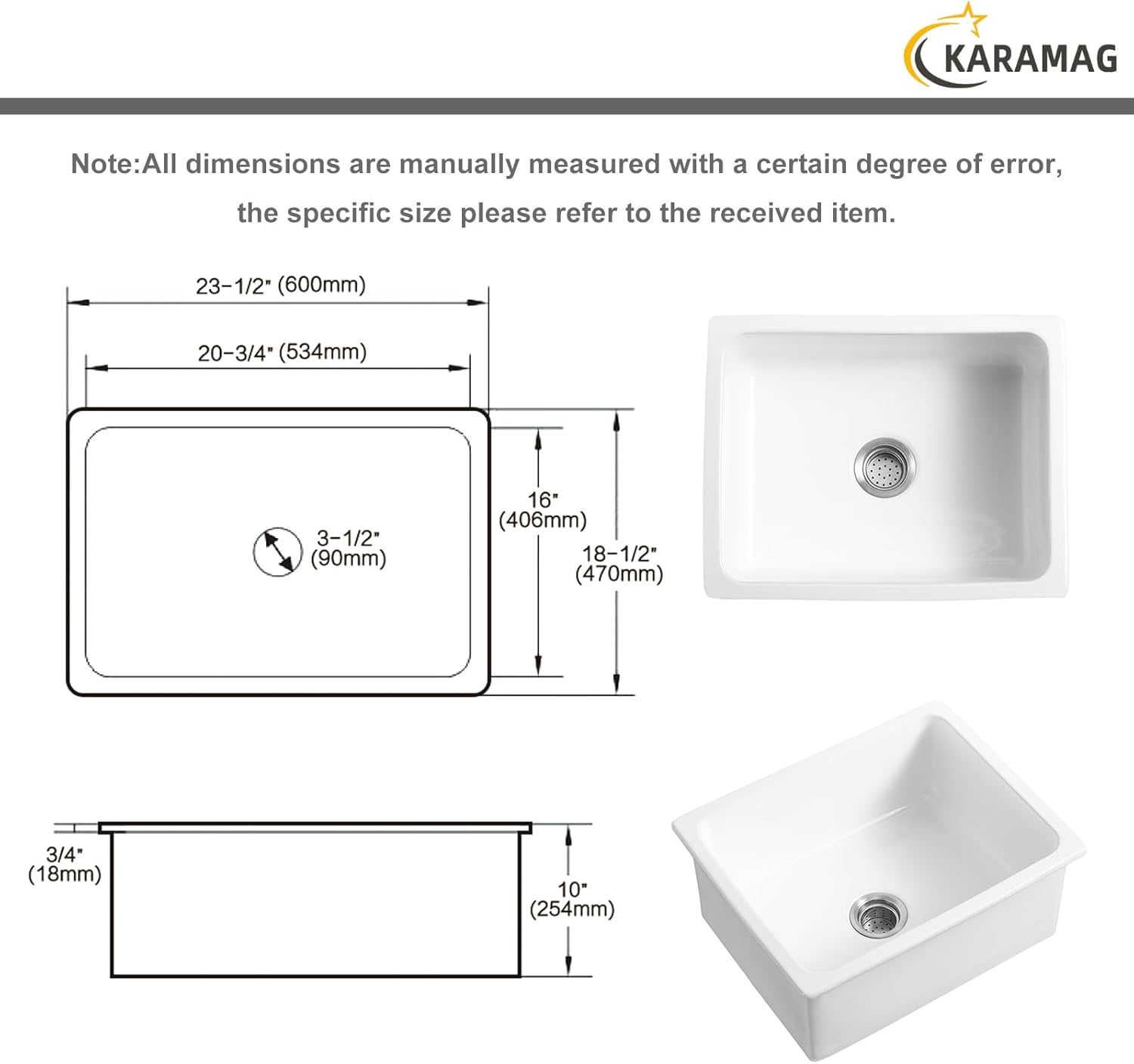24 Inch Farmhouse Kitchen Sink, White Fireclay Drop In Undermount Sink, Rectangular Topmount Bar Sinks, Deep Single Bowl Sinks for Small Space with Drainboard & Strainer