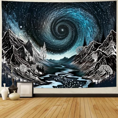 Black and White Mountain Tapestry Trippy Galaxy Stars Tapestries Magical Starry Night Tapestry Sketched Forest Trees Wall Hanging Nature River Landscape Background for Bedroom