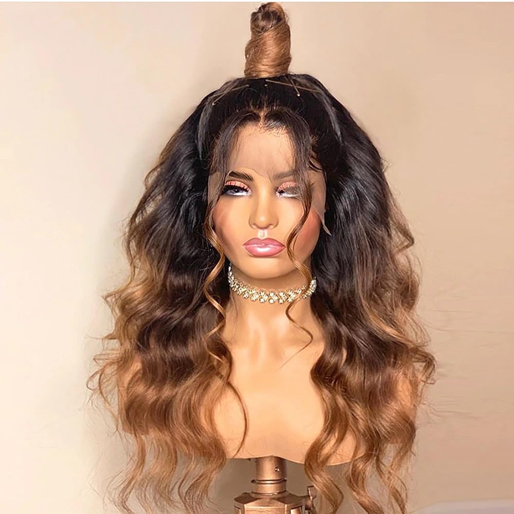 Golden blonde wig ombré black on roots26 inch long lace front middle part Amazon.com : TaBeWay Blonde Ombre Lace Front Wig with Black  main image 4