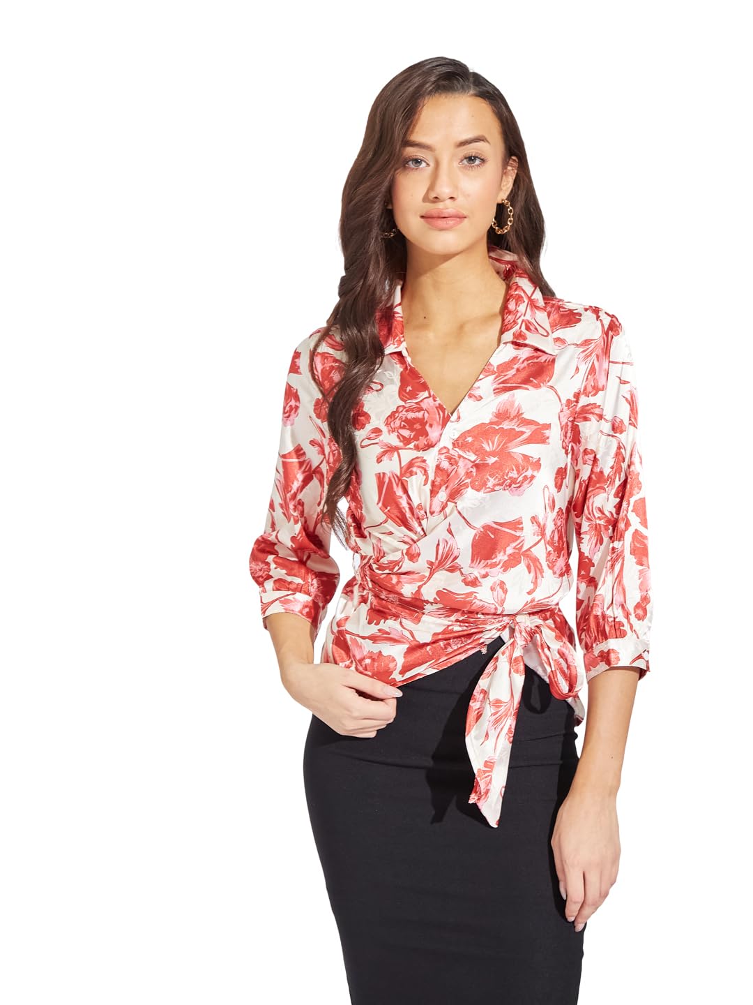 Latin Quarters Women Red Collar Neck 3/4th Sleeves Printed Regular Top for Casual Wear-picture-13