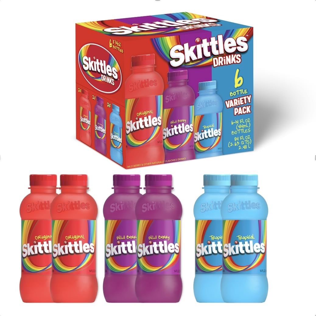 SKITTLES™ Flavored Drink - Variety Pack | Non-Carbonated Drinks with Fruity Flavors | 12-14 Fl oz. Bottles of Original, Tropical, and Wild Berry - Pack of 6