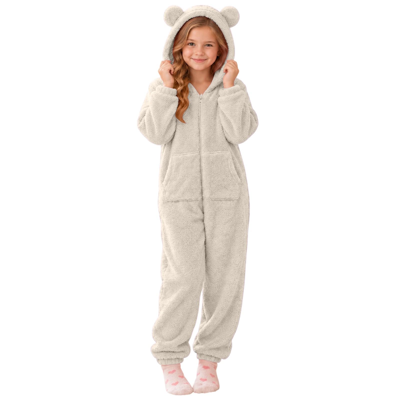 Girls Animal Onesie Fleece Fuzzy Warm Sherpa Bed Jumpsuit with 3D Hood