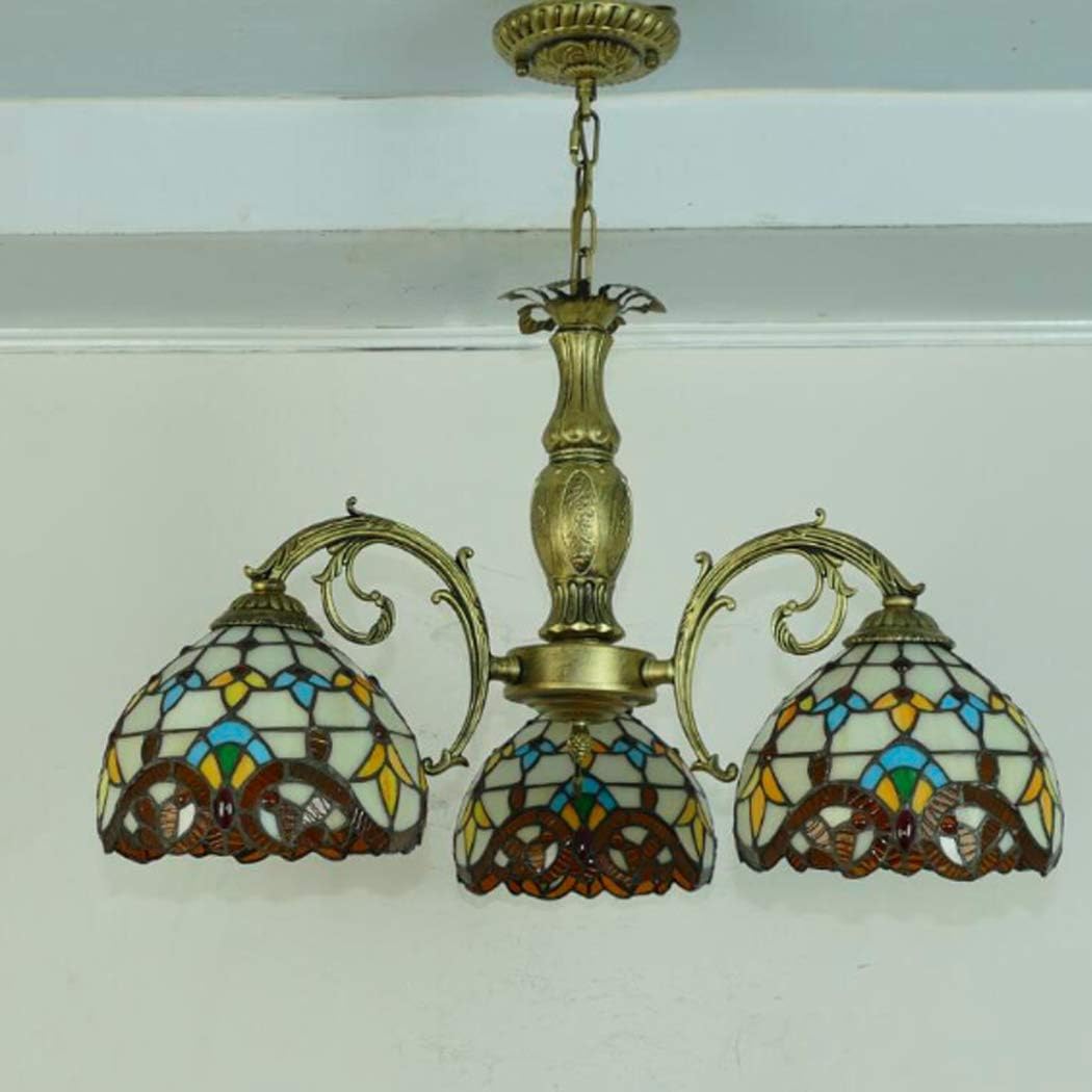 Tiffany Style Chandeliers Vintage Baroque 3 Heads Stained Glass 8 Inch Shade Ceiling Hanging Light Fixtures Pendant Lamp for Bedroom Living Room