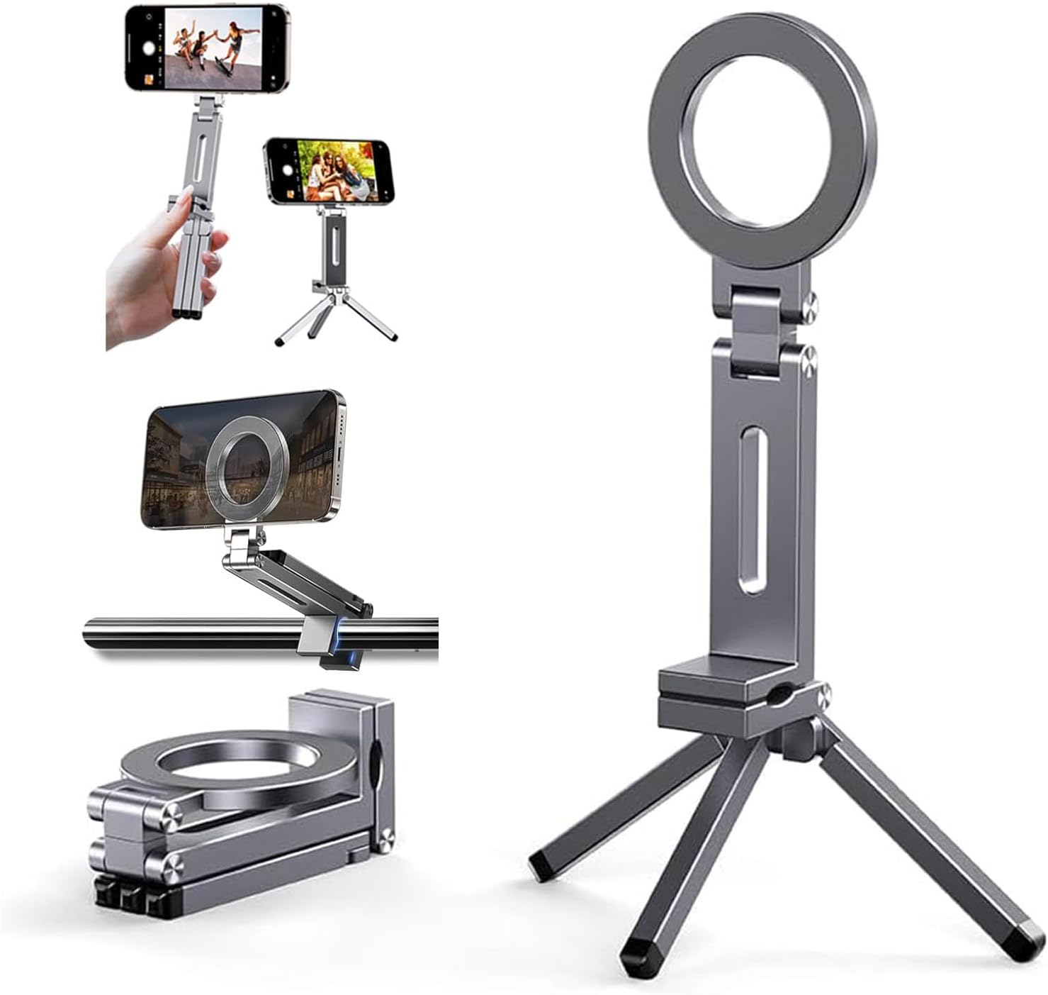 Grey Magnetic Phone Holder Tripod for Magsafe iPhone 17/16/15/14/13/12 Plus Pro Max Series, Aluminium Phone Stand Mount Adapter Adjustable Magic Phone Tripod Clamp Clip,1/4" Screw