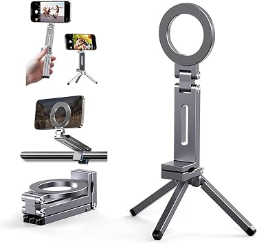 Grey Magnetic Phone Holder Tripod for Magsafe iPhone 17/16/15/14/13/12 Plus Pro Max Series, Aluminium Phone Stand Mount Adapter Adjustable Magic Phone Tripod Clamp Clip,1/4" Screw