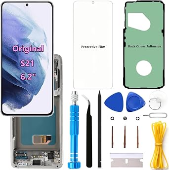 Original 6.2" AMOLED 120Hz S21 Screen Replacement OEM for Samsung Galaxy S21 5G SM-G991U SM-G991U1 Touch Display Screen Digitizer Assembly White Frame+Protector+Adhesive+Tools