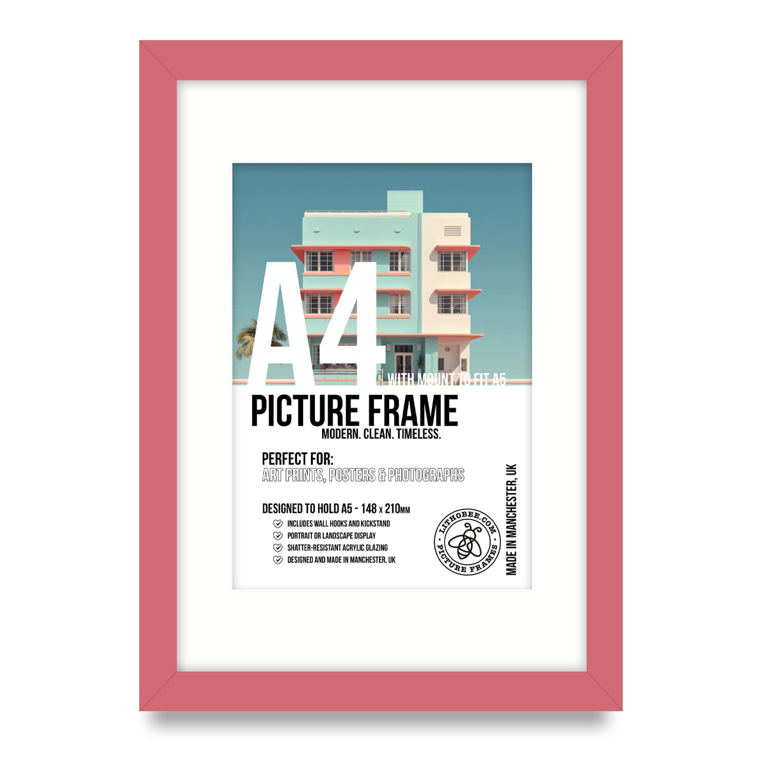 Lithobee Premium Pink A4 Picture Frame with Mount