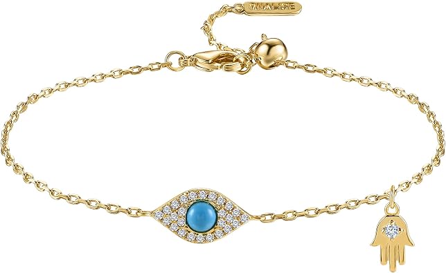 Evil Eye Bracelet for Women,14K Gold Plated Hamsa Charm Bracelet, Adjustable Chain Handmade Turquoise Jewelry for Protect Lucky Jewelry Gifts for Women, Sister, Griend