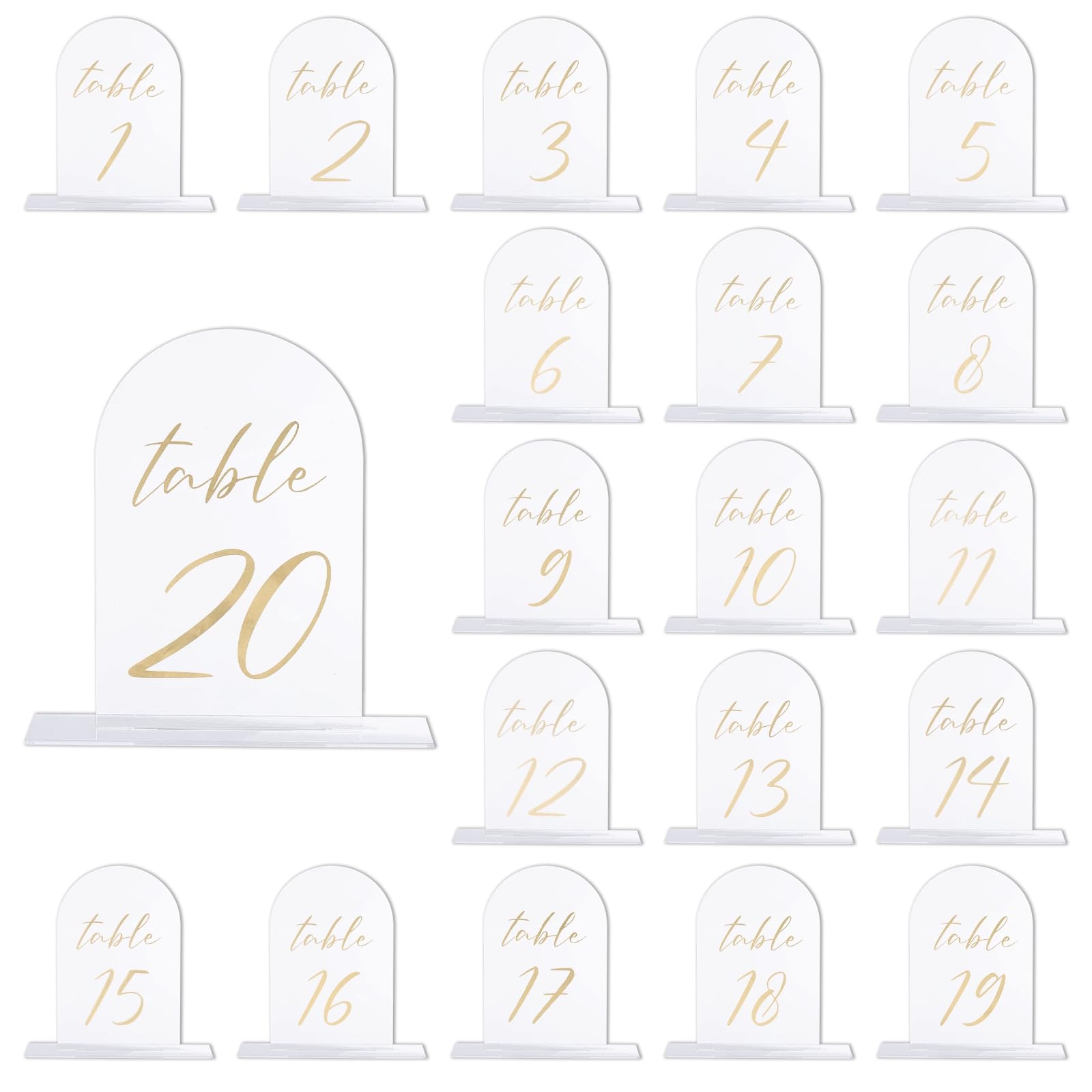 PATIKIL Numéros de Table Mariage 1-20, 15x10cm Support Plaque de Numéro de Table Acryliques pour Marque Place Mariage Fête Anniversaire Réceptions Événements, Fond Transparent Texte Doré