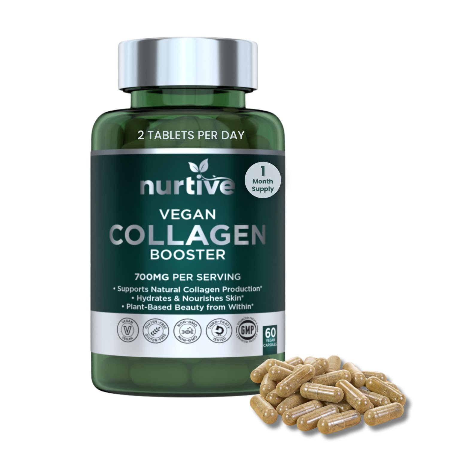 Plant-Based Collagen Booster - Vegan Support with Vitamin C, Amino & Hyaluronic Acids - 700mg/Serving - Non-GMO, Gluten-Free, No Filler - 60 Capsules, 2 Capsules/Day for 1 Month Supply