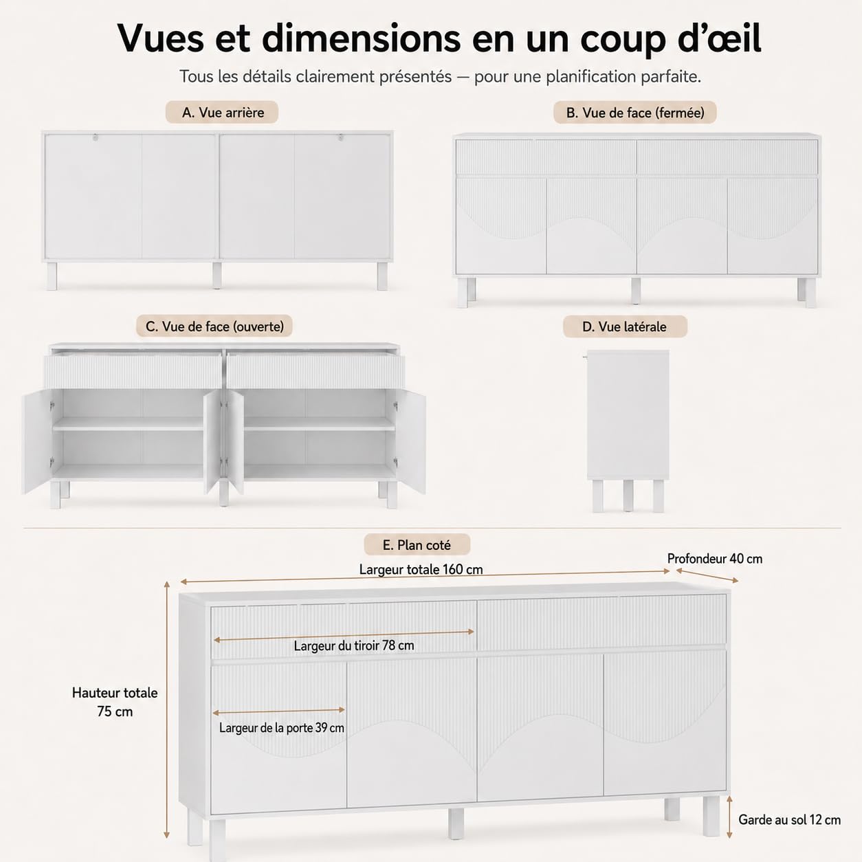 Buffet 160 cm avec 4 Portes et tiroirs, Blanc