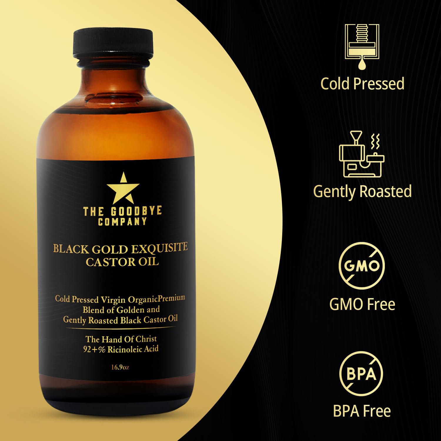 The Goodbye Company Mezcla Exquisita De Aceite De Ricino Jamaicano Negro Y Dorado — Usda Orgánico, Prensado En Frío Y Sin Refinar; Aceite De Ricino Orgánico Puro Sin Hexano Para El Cuerpo, La Piel, El