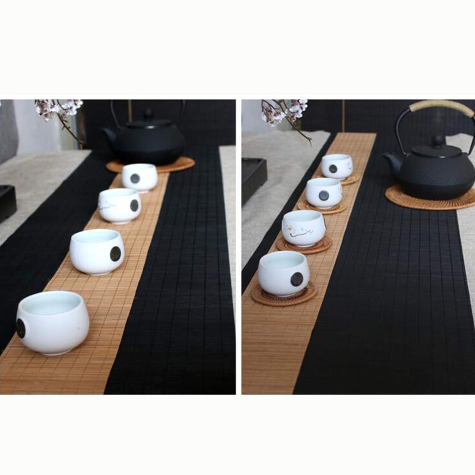 Bambus Tischläufer 2er Set, Japanische wasserdichte Teematte, Tischset Mit Küchenisolierung, rutschfeste Tischmatte Für Zu Hause (schwarz + Natürliche Farbe)(Size:30×240cm+10×240cm)