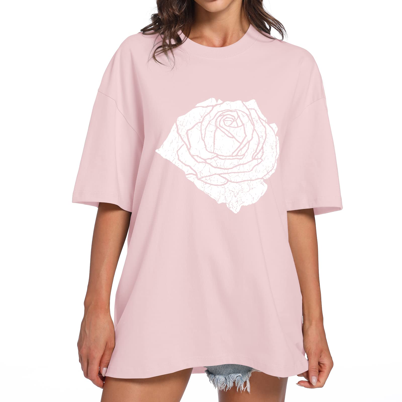 TuislayWomens Rose Graphic Tee Oversized Boyfriend Cotton T Shirts Loose Fit Cute Casual Summe Short Sleeve Crew Neck Tops