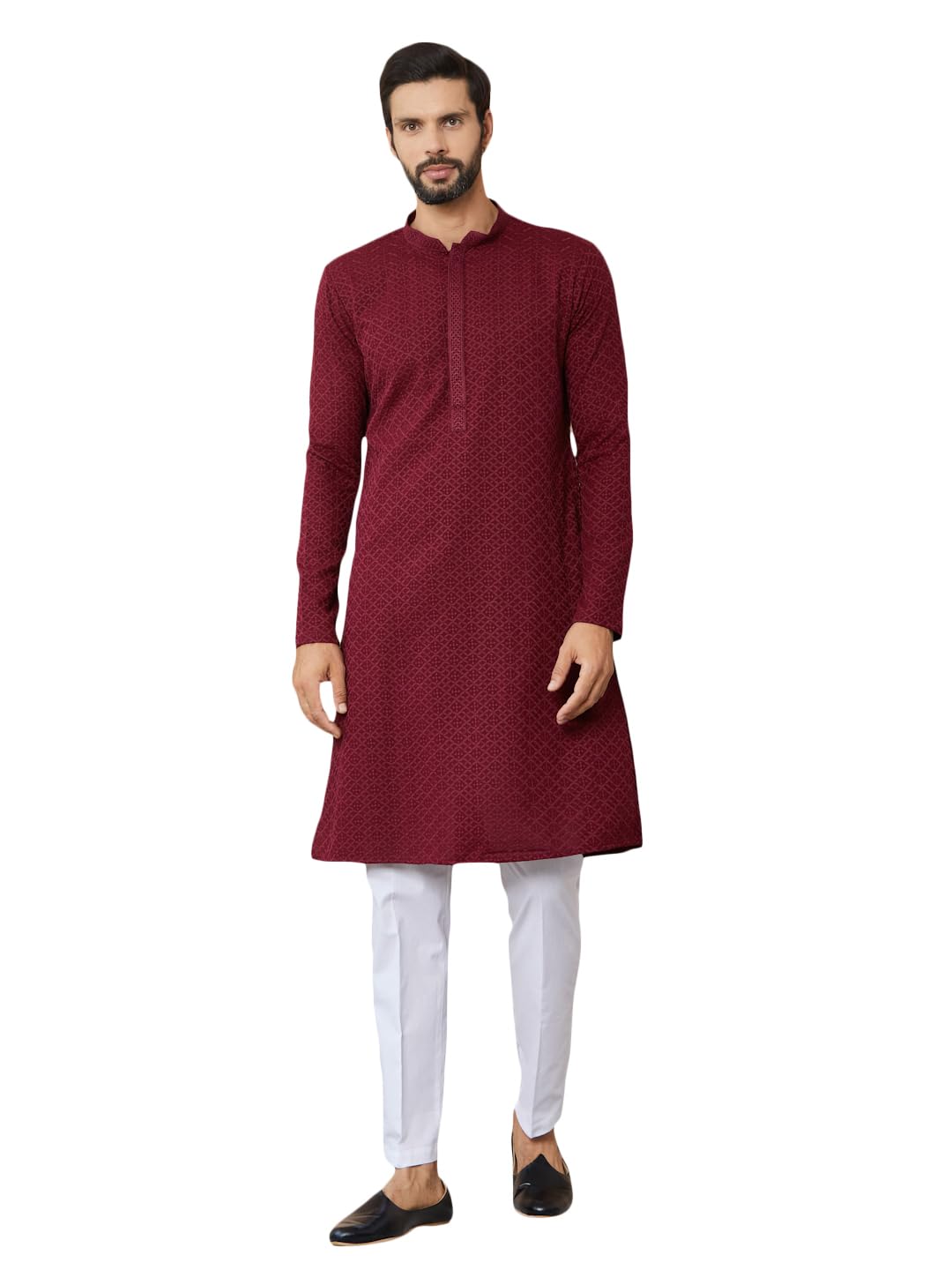 Men's Long Sleeve Mandarin Collar Side Slit Sequins and Thread Worked Cotton Straight Kurta with Pyjama-image-43