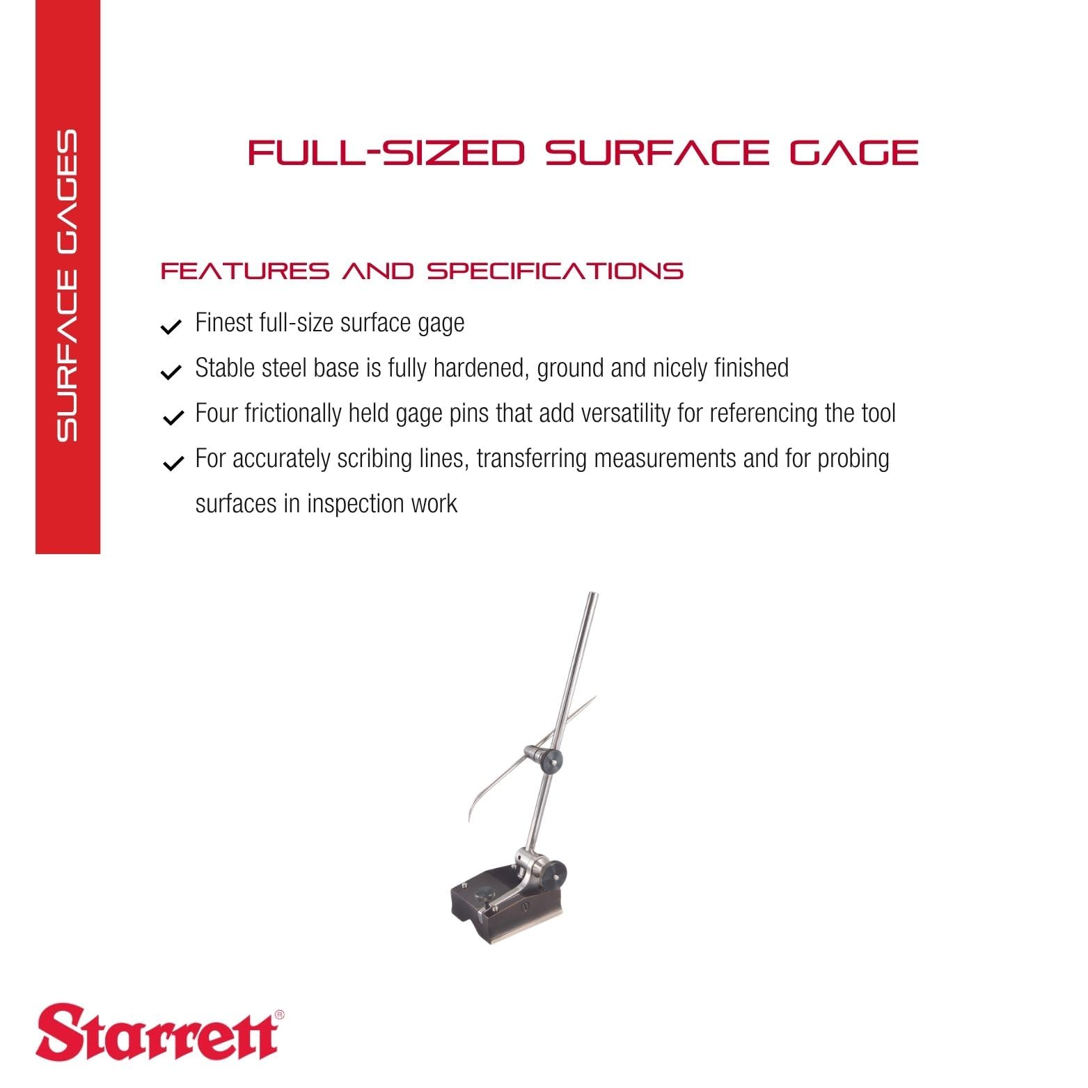 Starrett Powierzchnia 257 A z dnem z hartowanej stali, długość wrzeciona 22,9 cm, podstawa 2–7/20,3 cm i szerokość 2–3/20,3 cm
