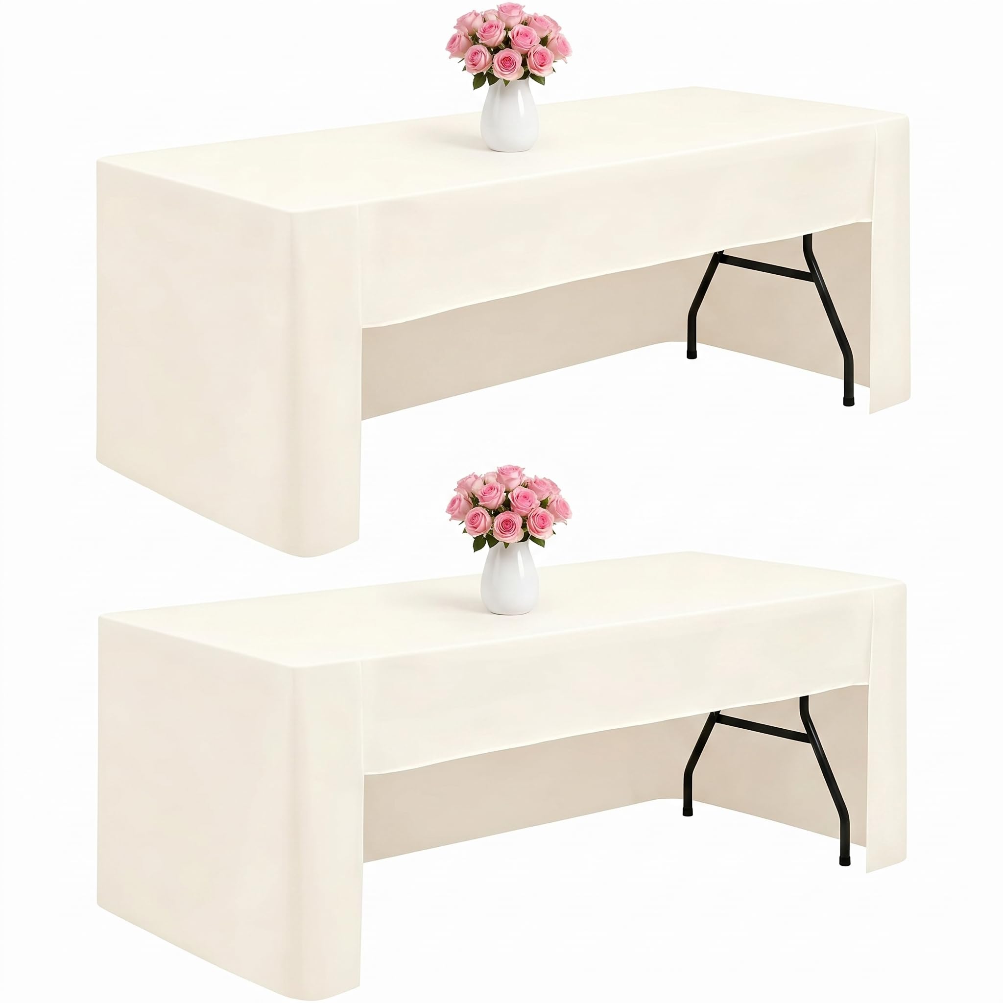 Teruntrue 2 Pack Ivory Table Cover - Fitted Tablecloth for 6ft Rectangle Tables, Washable Fabric - Trade Show, Craft Show, Parties, Wedding, Events