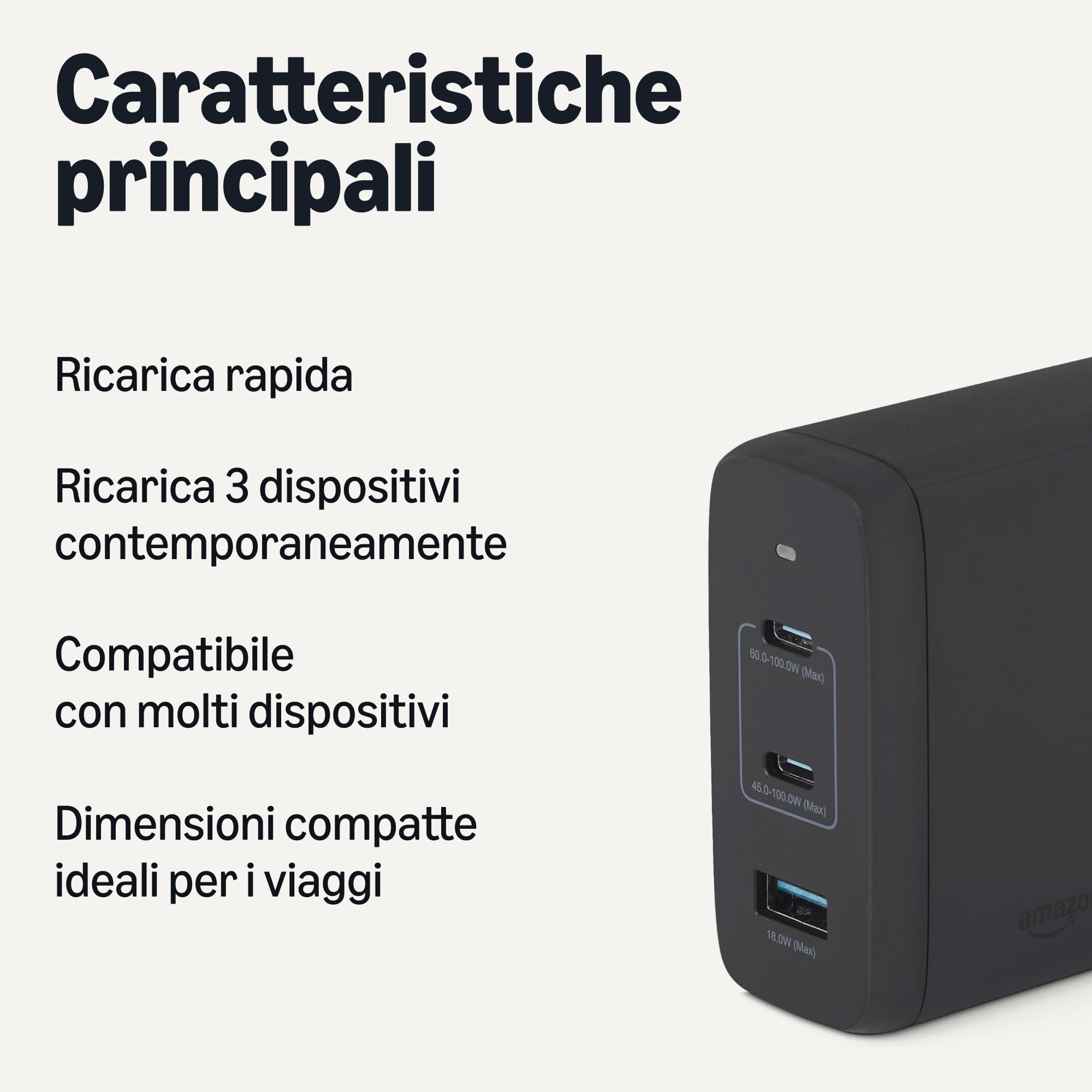 Amazon Basics Caricabatterie da Parete Nano GaN USB-C con Ricarica Rapida, 120W a 3 Porte per Laptop, Tablet e Smartphone, Nero