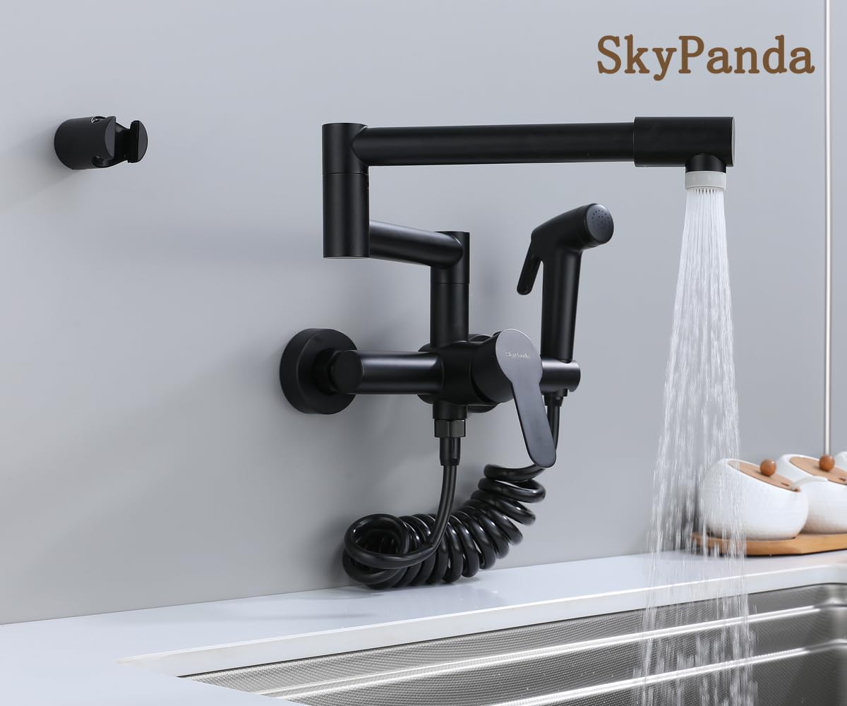 Faltbar Küchenarmatur，Wasserhahn Küche Wandmontage, Spültischarmatur, mit 360° gefaltetem Drehrohr, warm und kalt, multifunktionale Sprühbetriebe, 304 Edelstahl, schwarz