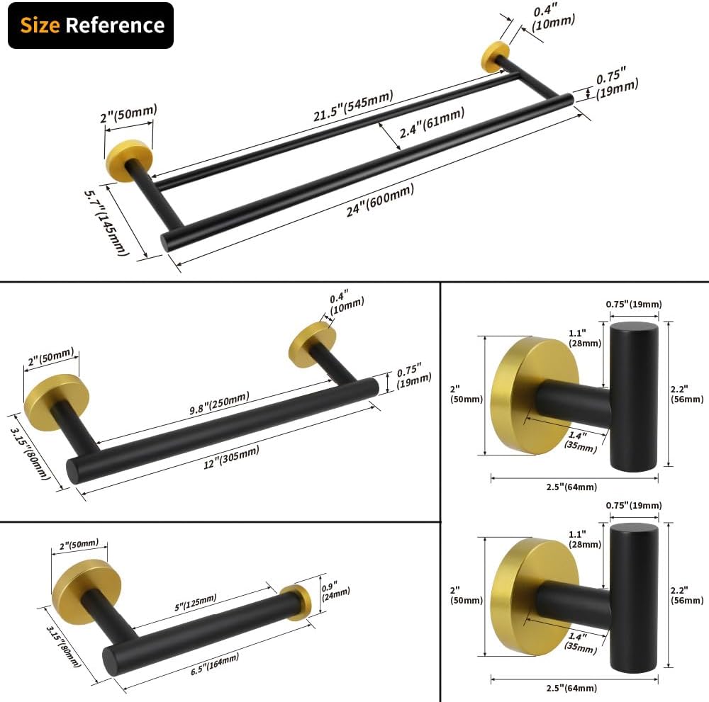 5-Pieces Bathroom Accessories Kit Black & Gold Wall Mounted - Includes 24" Double Towel Bar, 12" Hand Towel Bar, Toilet Paper Holder, 2X Robe Towel Hooks
