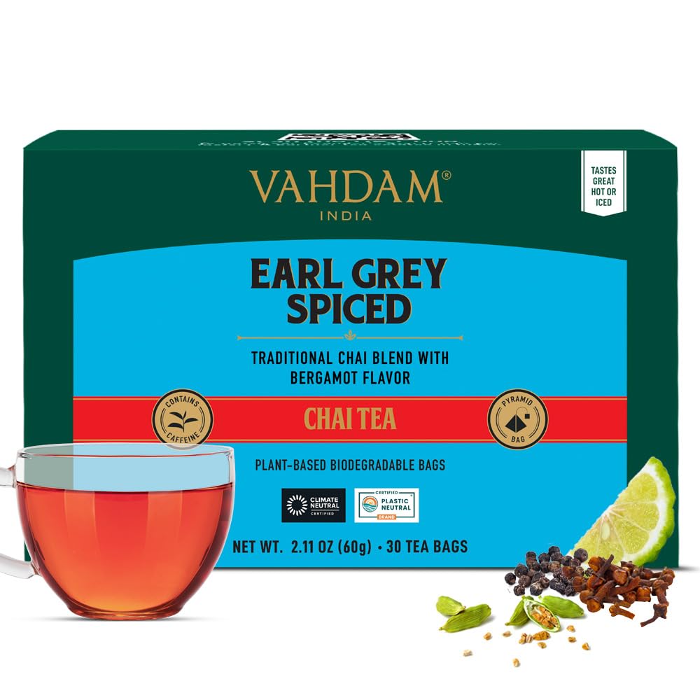 VAHDAM, Earl Grey Masala Chai Tea Bag | 30 Tea Bags (Set of 2) | 100% Natural Spices | Black Tea With Bergamot Oil | Spiced Chai Tea Bag | Earl Grey Tea | Brew Hot Tea, Iced Tea or Chai Latte
