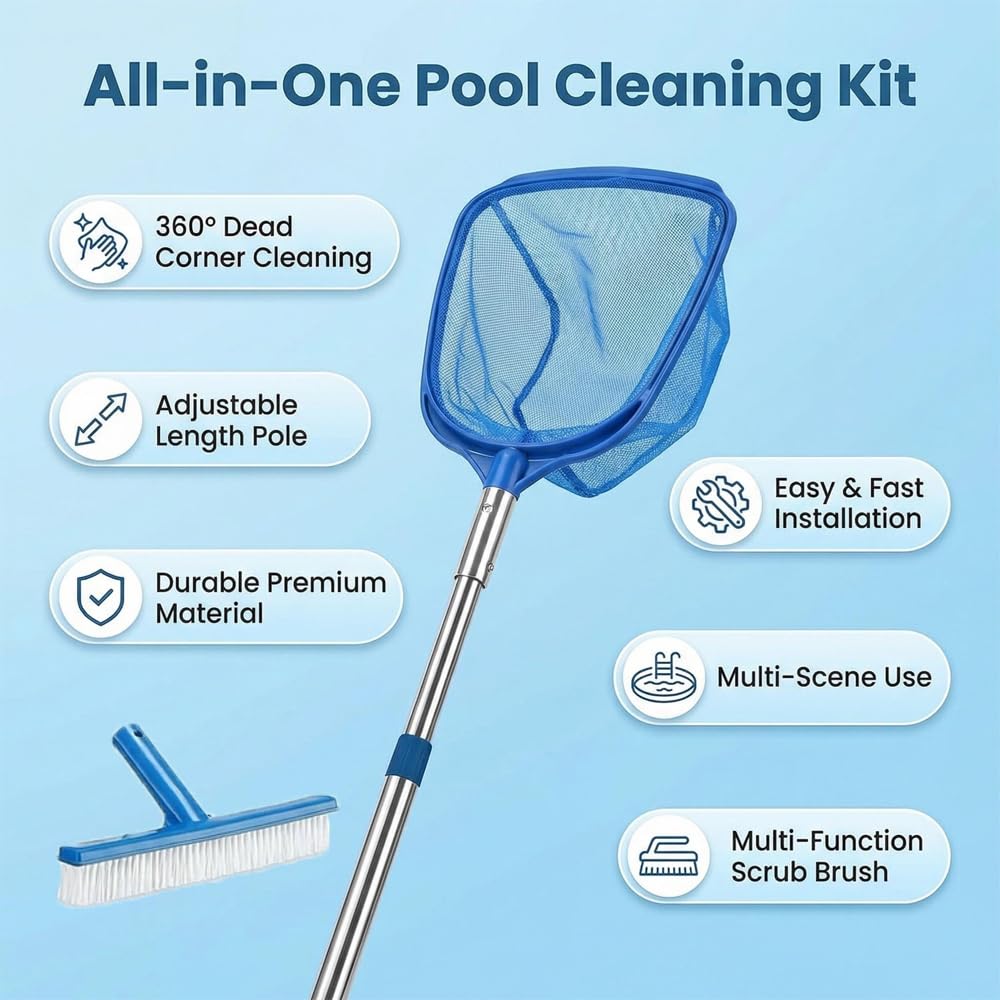 Pool Kescher mit Teleskopstange 220cm, Tiefenkescher Pool Mit Poolbürste, Poolkescher Feinmaschig, Laubkescher Pool, Pool Reinigungsset für Schwimmbad, Spas, Teiche, Whirlpools