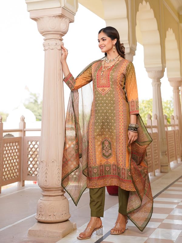 Image of Vaamsi Women's Olive Rayon Printed Straight Kurta Pants With Dupatta Set | Festive Straight Kurta Set For Women | Printed Salwar Suit For Women