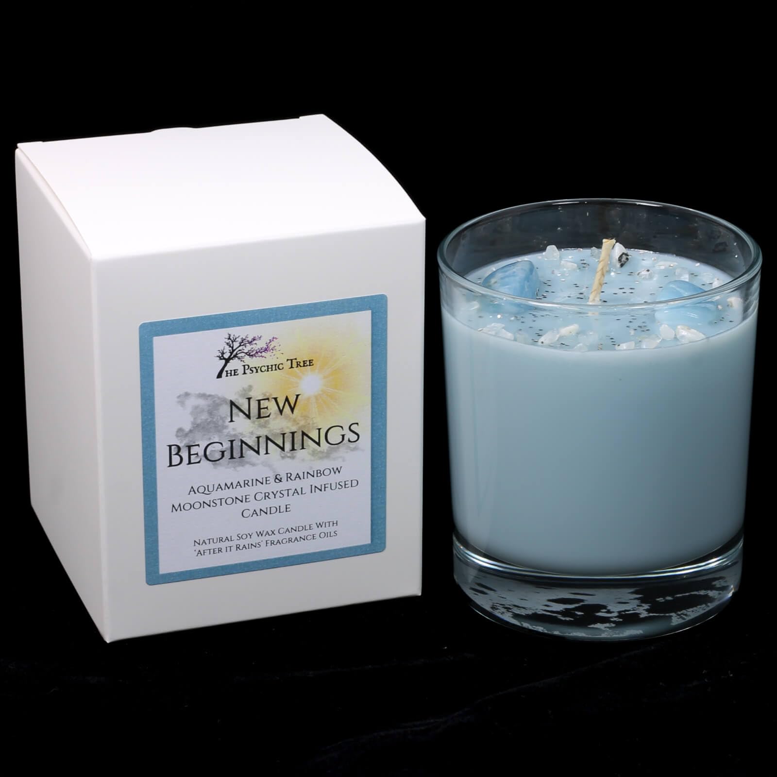 New Beginnings - Crystal Infused Scented Candle for Renewal, Clarity, and Emotional Balance. Infused with After It Rains Fragrance (Petrichor) and Rainbow Moonstone Healing Crystals