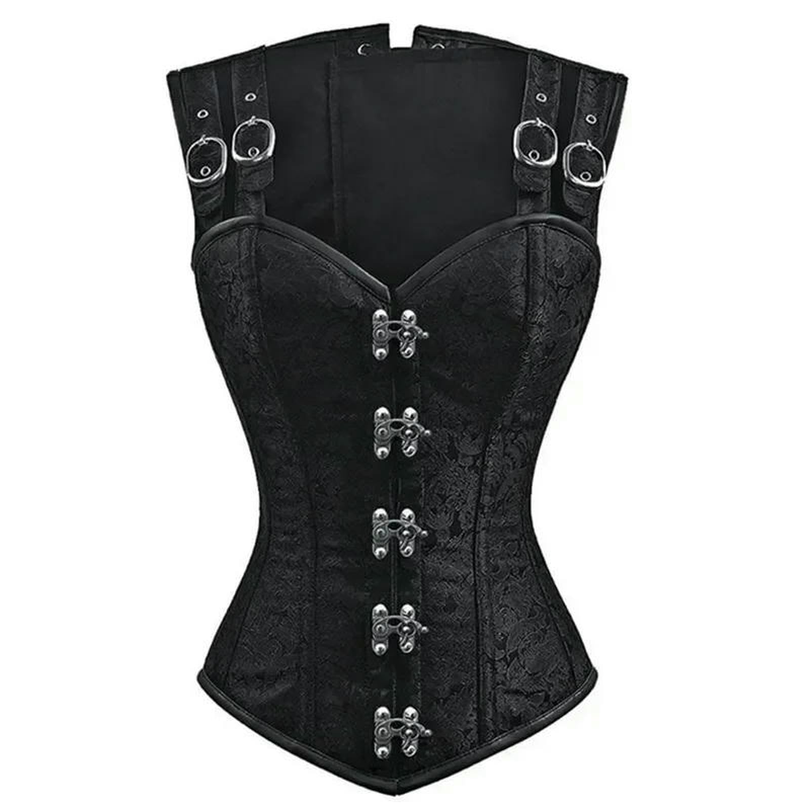 Ceinture amincissante Femme Donne Corsetto con Spalle Overbust Bustier Plus Size Jacquard Gotico Top Steampunk Gilet-Black-XL