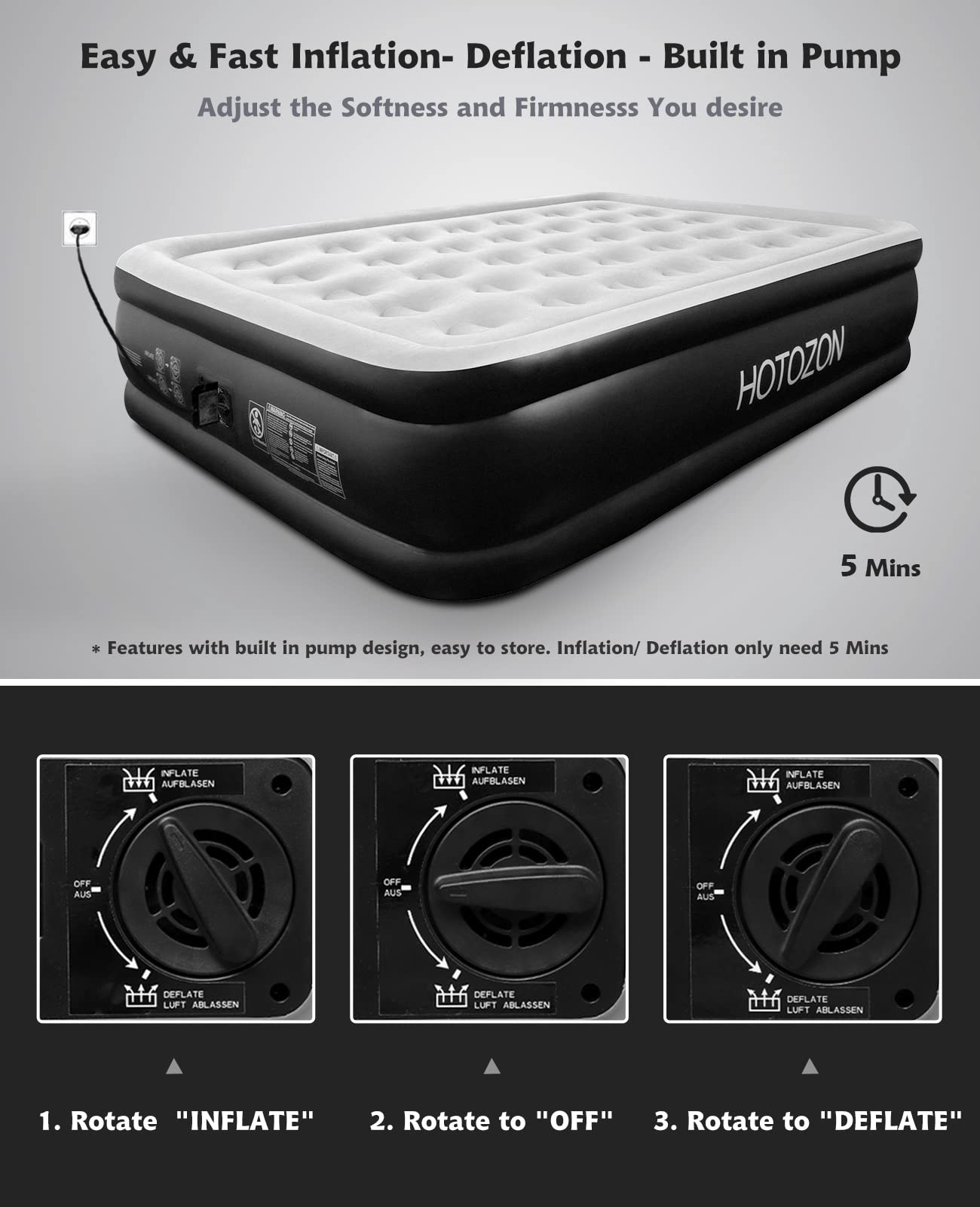 HOTOZON Queen Air Mattress with Built-in Pump, 18" Foldable Air Bed with Carry Bag, Luxury Elevated Inflatable Air Mattresses, Blow Up Airbed for Home, Camping & Guests, Black