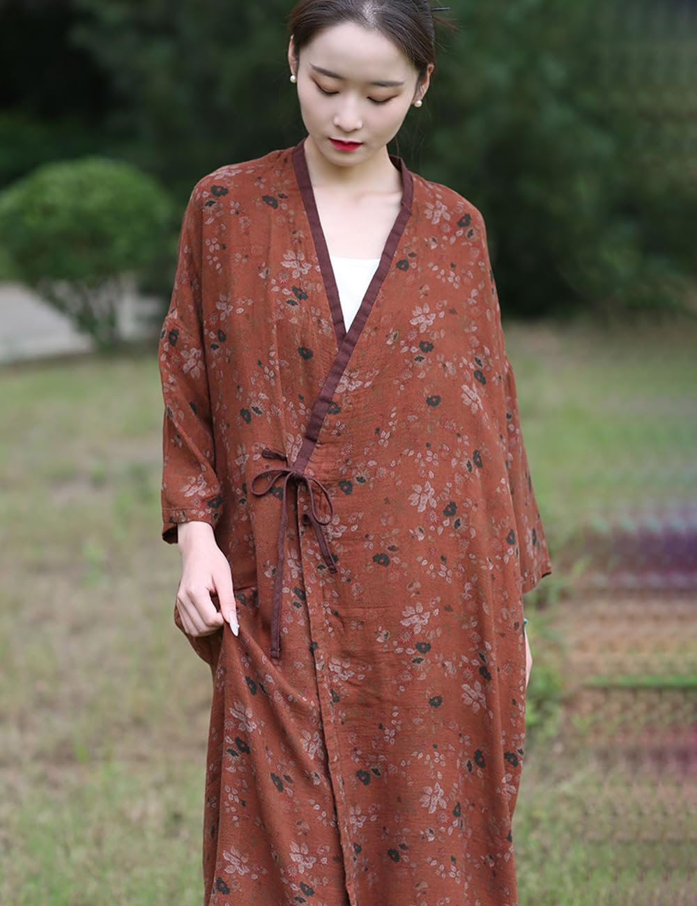 NFYM Leichte Damen-Kimono-Jacke, Baumwollgarn, bedruckt, zum Binden, Vintage, lockere Strickjacke, vorne offen, Trenchcoat, Oberbekleidung