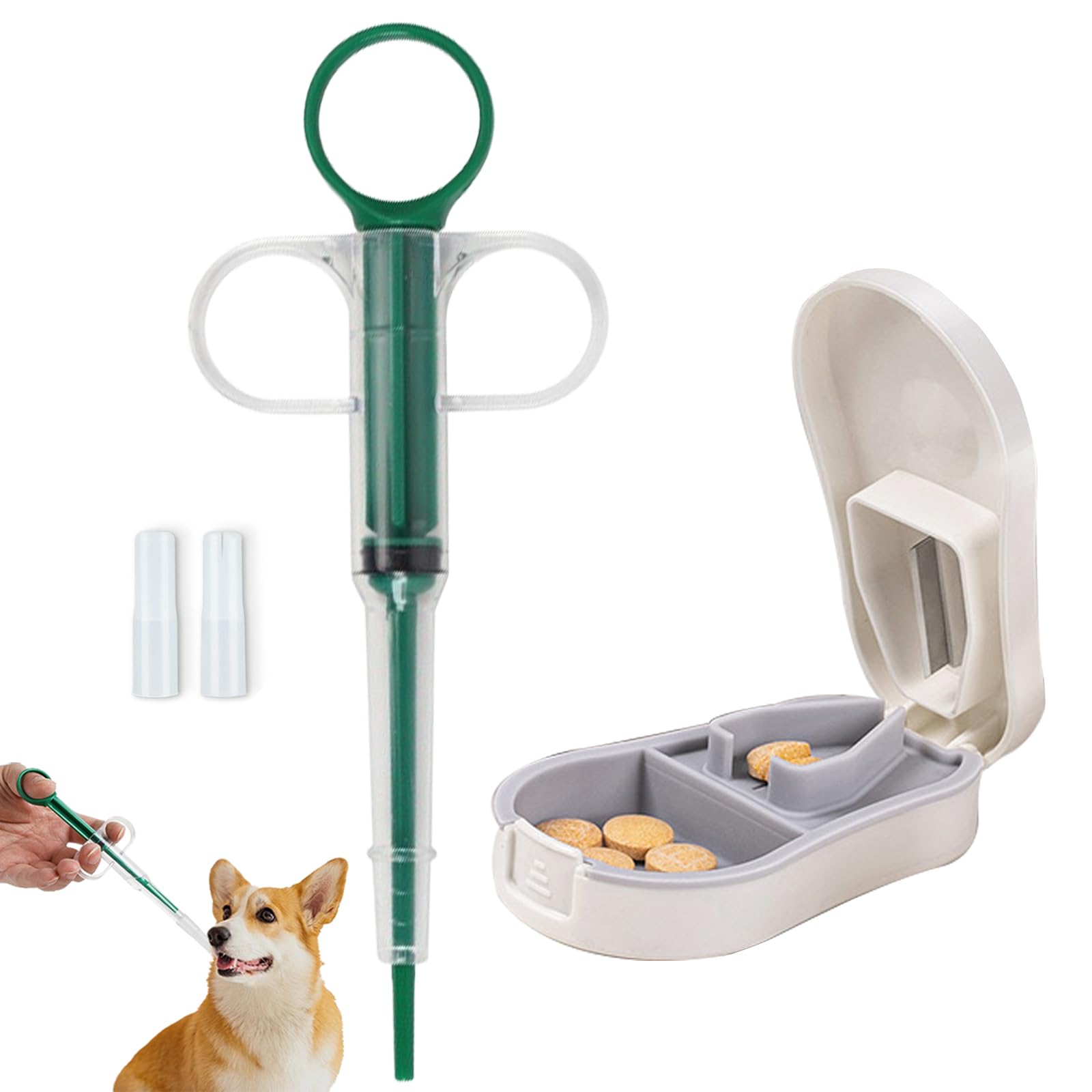Duuclume 2 Pcs Pets Pill Shooter & Pill Crusher and Cutter,Pet Piller Gun for Tablets Medical Feeding Dispenser Soft Tip Syringe for Cats & Dogs