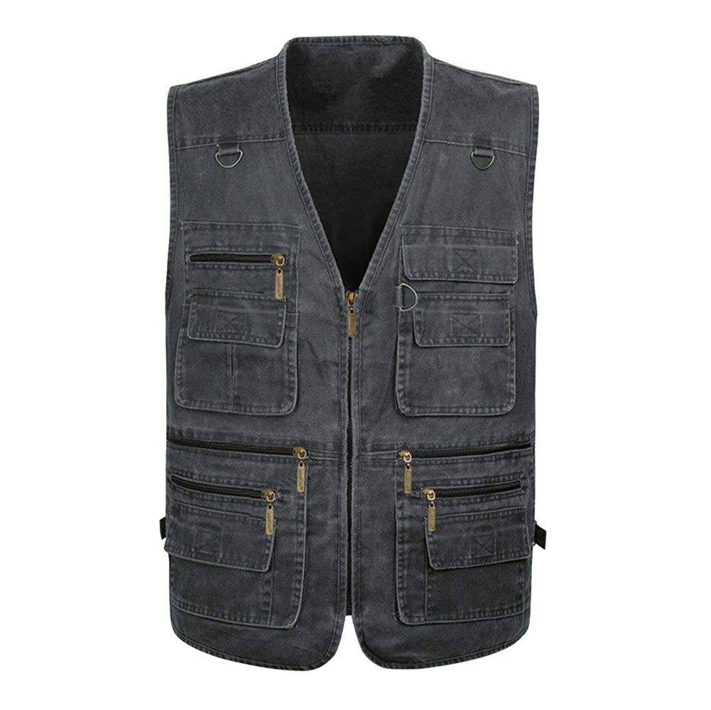 Anyua Men's Grey Denim Fishing Waistcoat Vest Jackets Breathable For Photography Climbing Travel Sports Hiking And Hunting 4XL