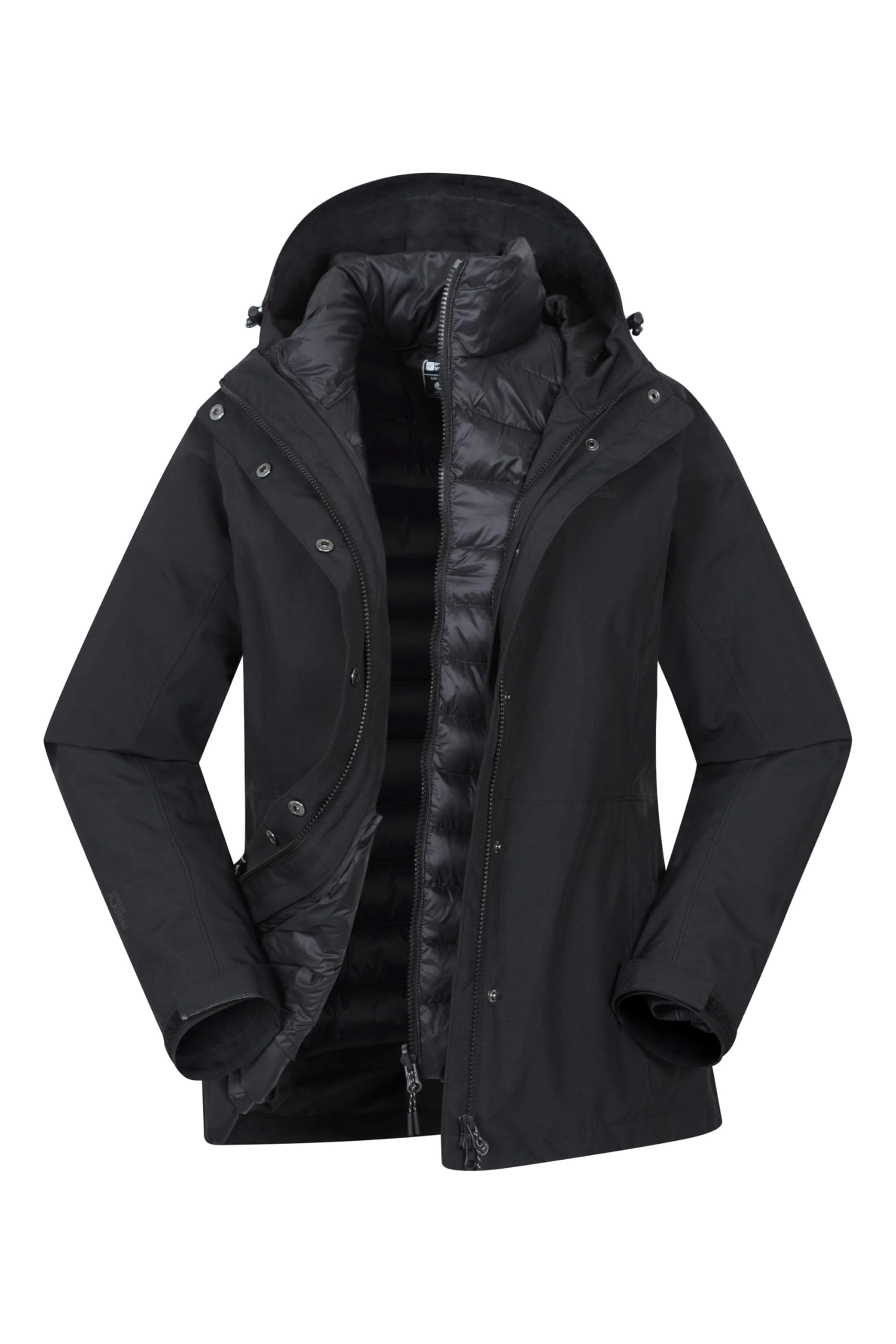Mountain Warehouse Women's Jet Black 'Alaskan' 3 In 1 Short Jacket Waterproof Lightweight Padded Hood Coat In | Size: 20