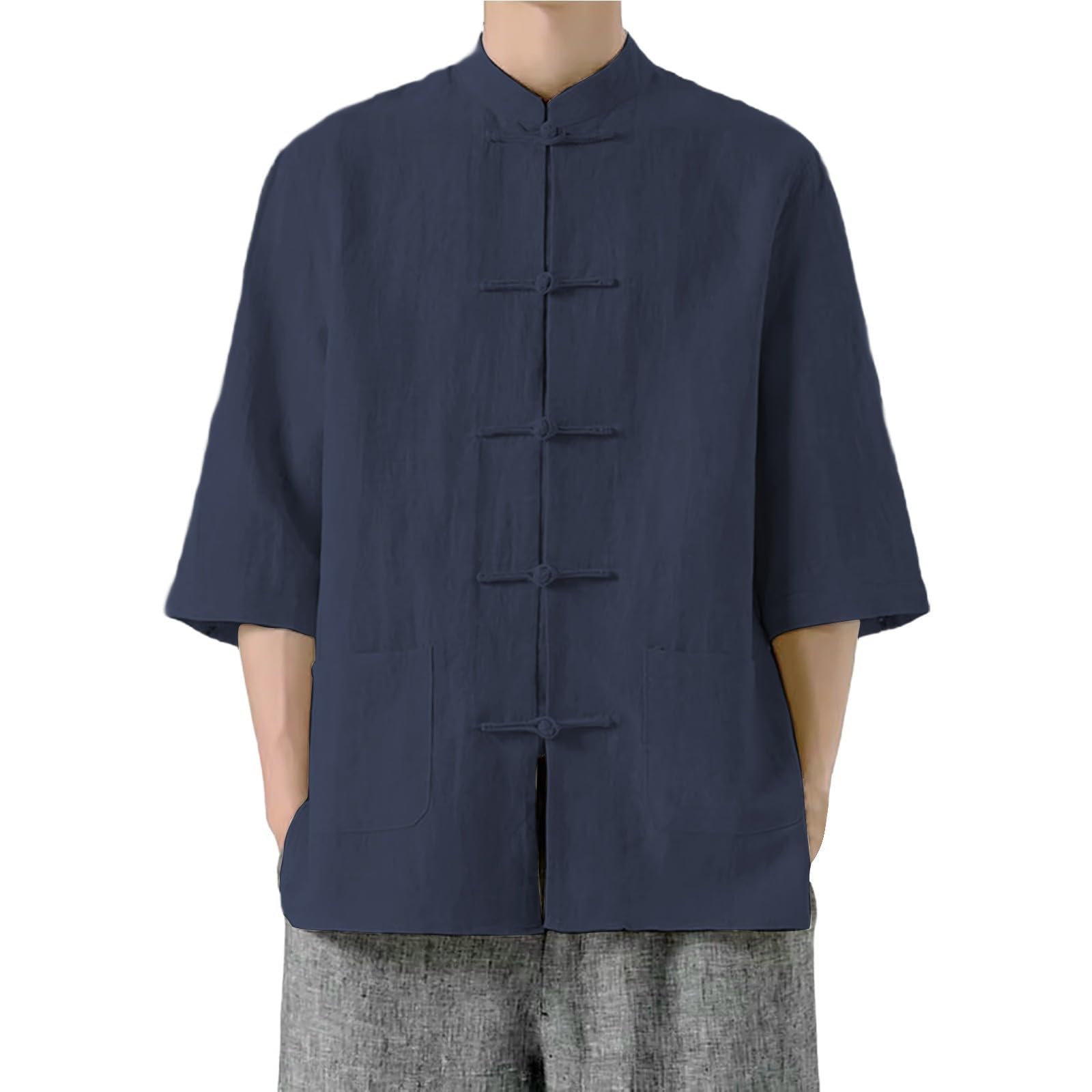 Generico Camicia Uomo Elegante Camicia Lino Coreana Colletto Manica Corta Tradizionale Asiatica Casual Traspirante Ampia vestibilità